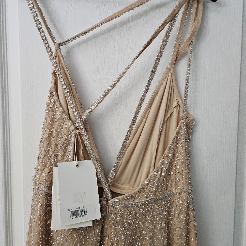 Mac Duggal 93701 Plunging V-Neck Empire Waist A-Line Dress Nude Silver Sz 10 NWT - Picture 8 of 8